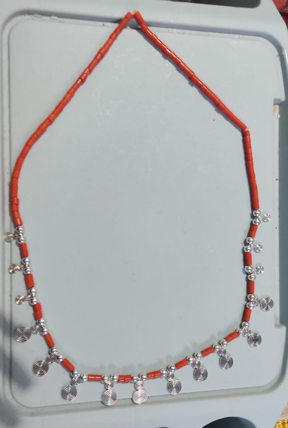 Coral-Red Bead Necklace with Silver-Tone Charms
