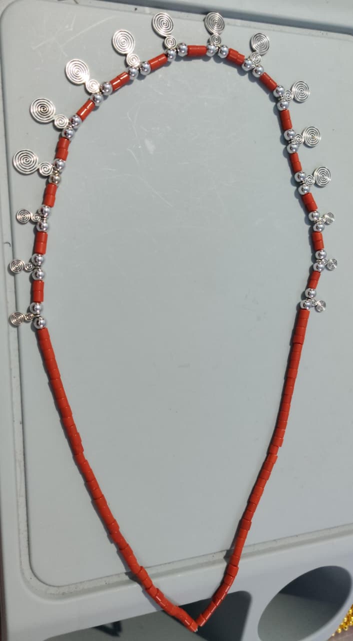 Coral-Red Bead Necklace with Silver-Tone Charms